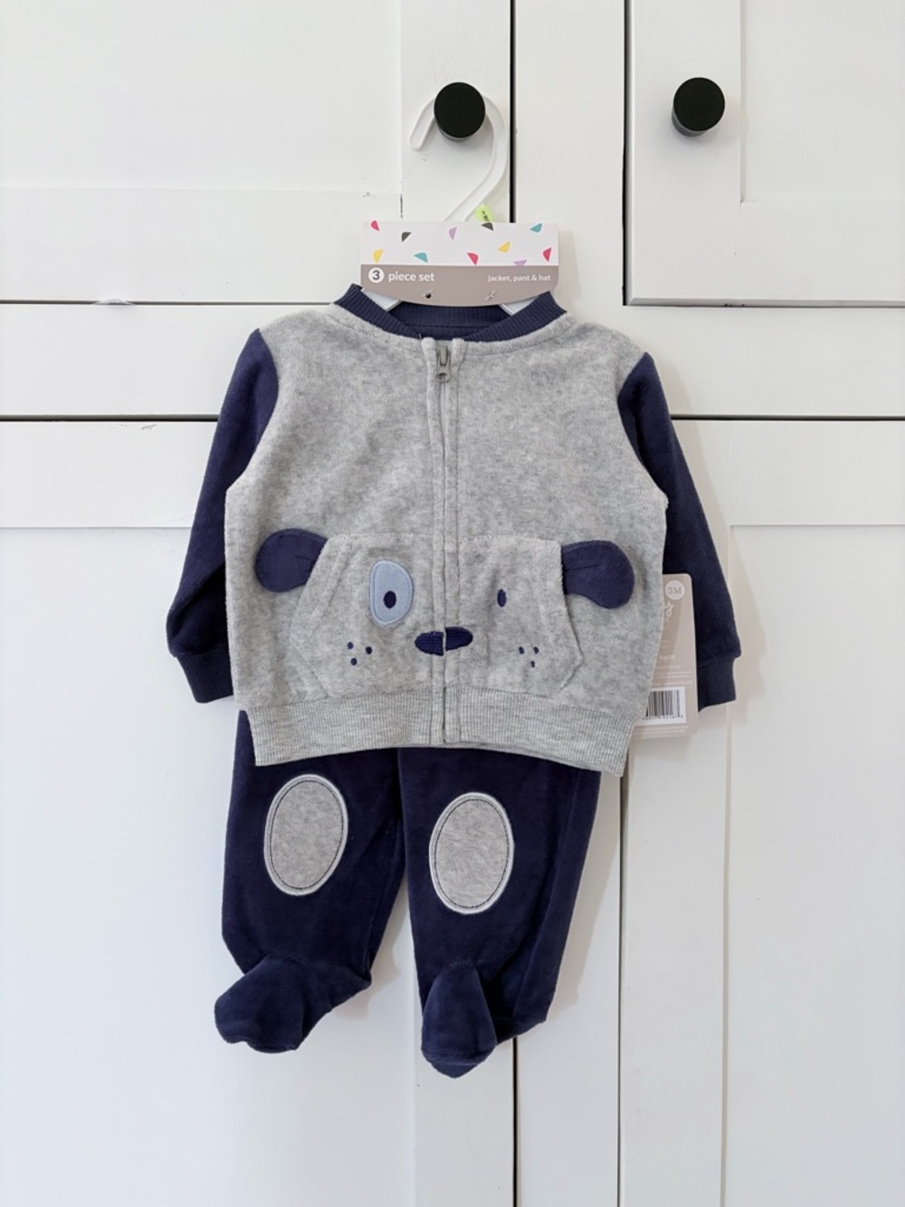 Baby Starters Navy and Gray Baby Matching Set 3 Piece Jacket & Footed Pants Dog